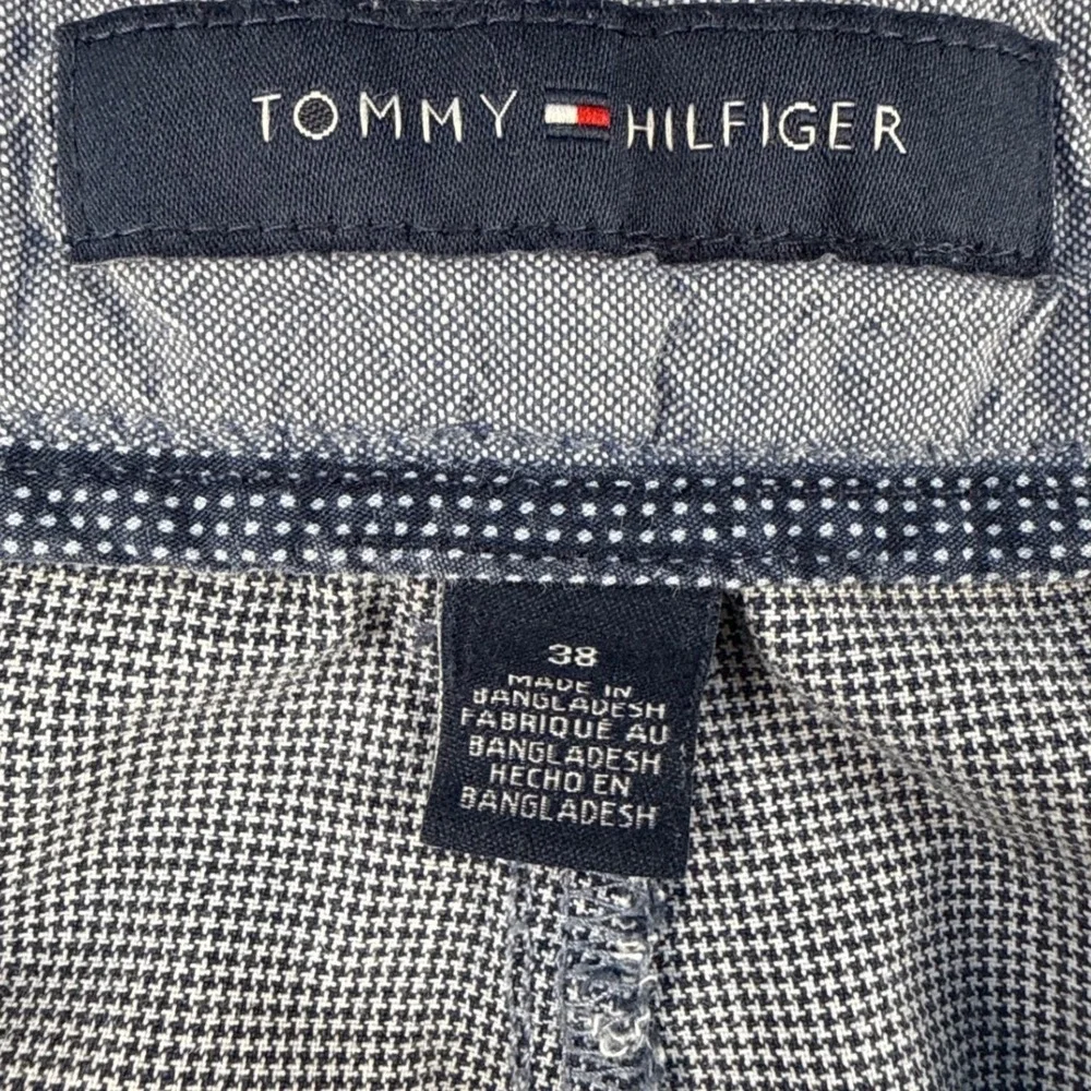Tommy Hilfiger Mens 38 Custom Fit Houndstooth Chino Shorts Blue White Cotton
